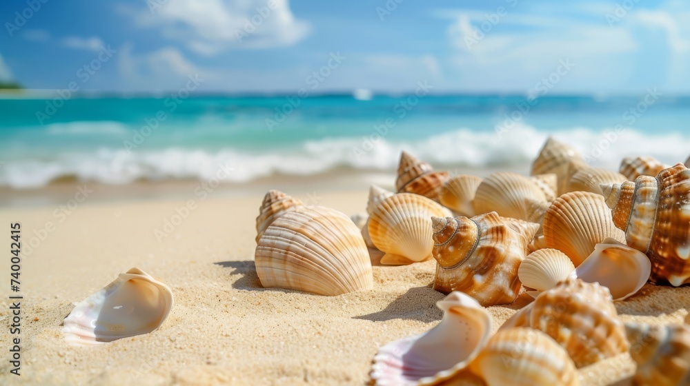A large scallop shell among smaller shells on a sandy beach, with the ocean in the background. Ideal for summer and marine life themes. A large scallop shell among smaller shells on a sandy beach, with the ocean in the background. Ideal for summer and marine life themes.