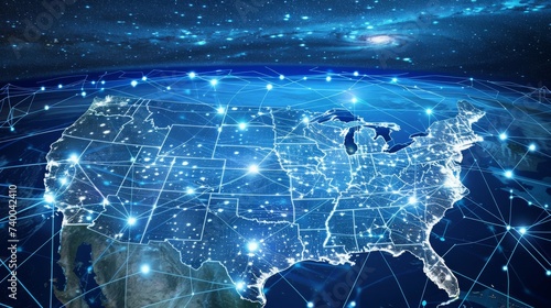Digital map of the USA with glowing connections, symbolizing networking, communication, and technology.