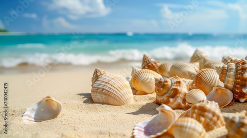 A large scallop shell among smaller shells on a sandy beach, with the ocean in the background. Ideal for summer and marine life themes. © mashimara