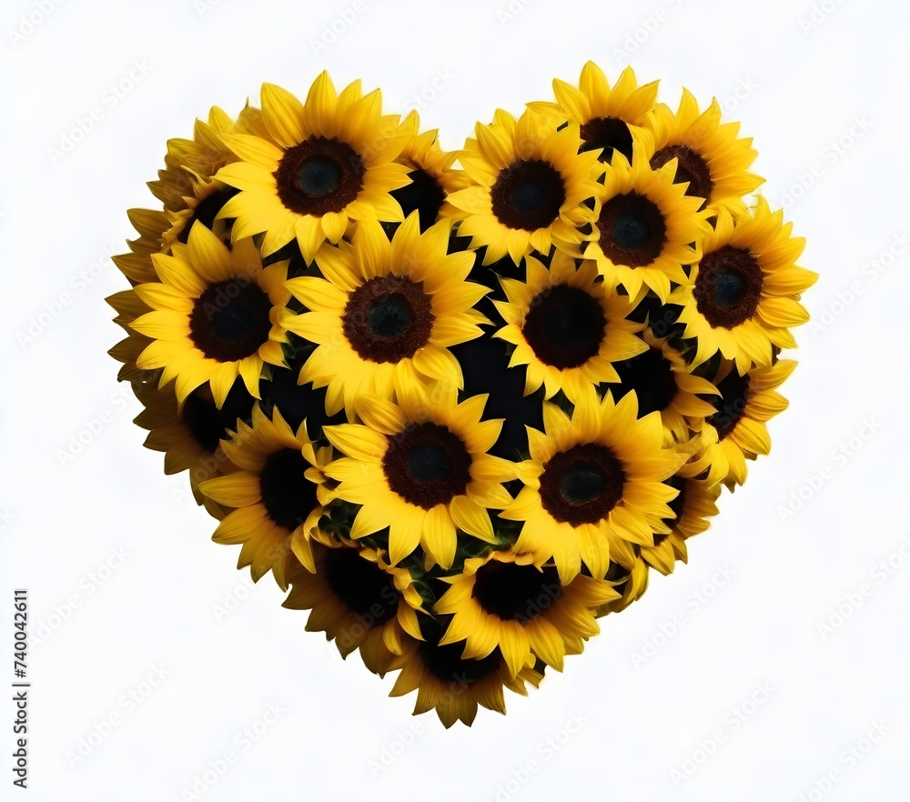 Heart-shaped arrangement of yellow sunflowers against a white background Heart-shaped arrangement of yellow sunflowers against a white background