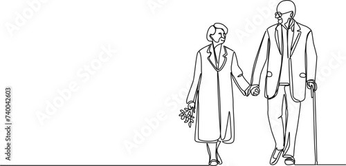 continuous single line drawing of elderly couple walking hand in hand, line art vector illustration