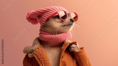 Fotografiet Stylish fashionable otter in sunglasses, light hat and scarf, cloak shows a new trendy spring look