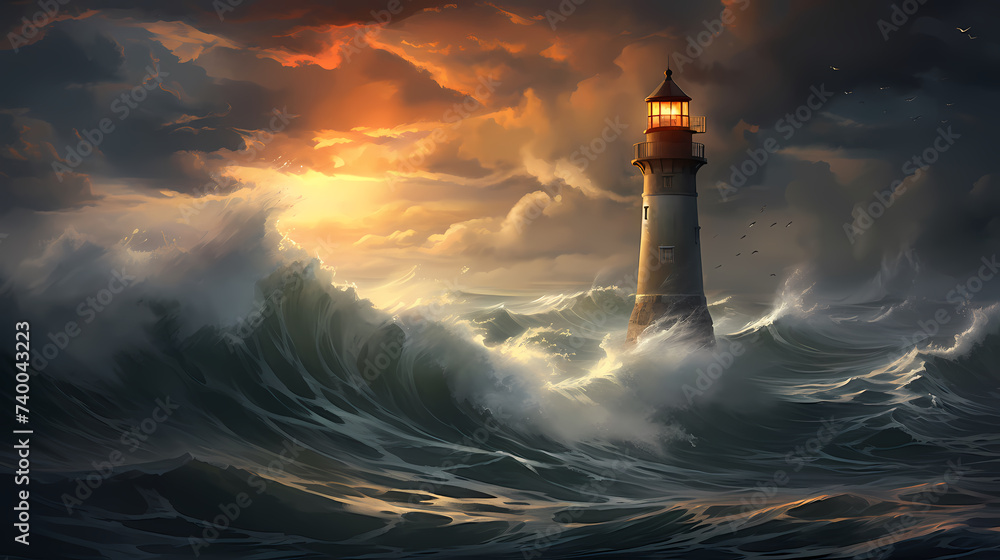 In the rough sea, a steadfast lighthouse shines a guiding light - obrazy, fototapety, plakaty 