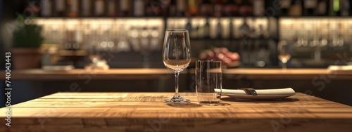Elegant wooden table, wine bar in the background
