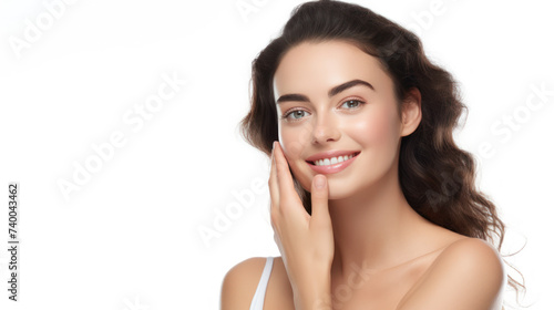 Face care. Portrait of beautiful young woman touching her face and looking at camera while isolated on white background. Woman's face with perfect shapes. Women's beauty concept. Copy space