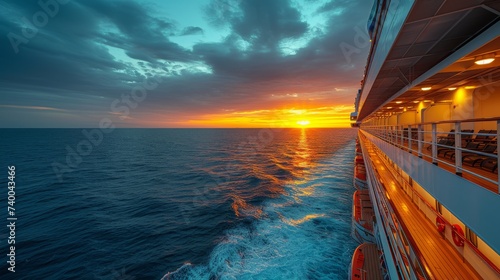 Cruise Ship Luxury: An elegant shot of a luxury cruise ship at sea during sunset, featuring deck lights and the vast expanse of the ocean