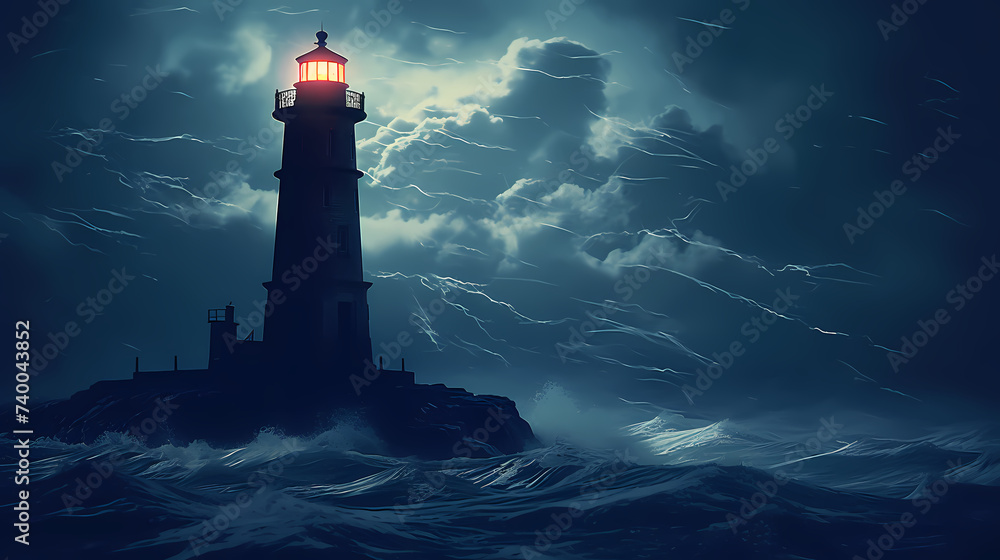In the rough sea, a steadfast lighthouse shines a guiding light