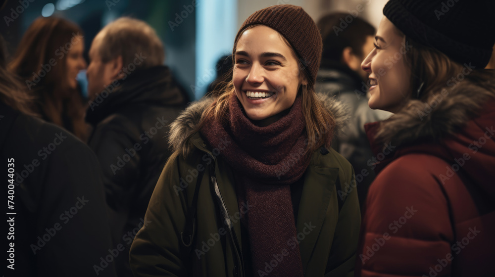 Fototapeta premium Portrait of a beautiful happy girl among a crowd of people