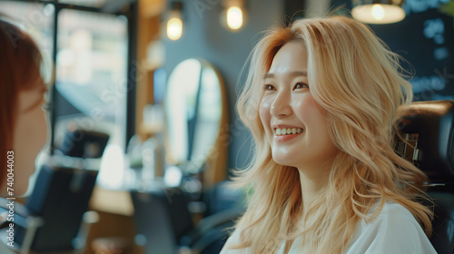 a beautiful korean model woman in the hairdresser salon gets a new haircut, dyes her hair with blonde color and style it. sitting on the chair and talks to the hairstylist