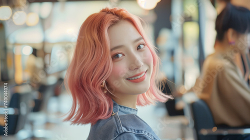 a beautiful korean model woman in the hairdresser salon gets a new haircut, dyes her hair with pink color and style it. sitting on the chair and talks to the hairstylist