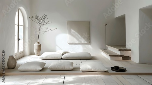 a minimalist living room with a low profile sofa and floor cushions for flexible seating options