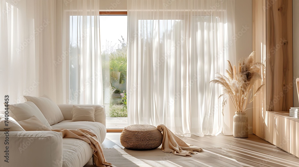 A living room with Scandinavian style sheer curtains for privacy without blocking natural light - obrazy, fototapety, plakaty 
