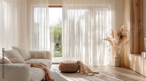 A living room with Scandinavian style sheer curtains for privacy without blocking natural light photo