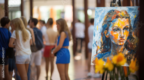 People in an art gallery at a contemporary art exhibition. Blurred background