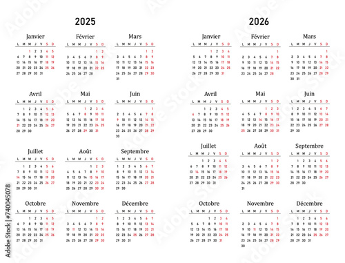 Calendar 2025, 2026 in french language with french holidays. Vector illustration
