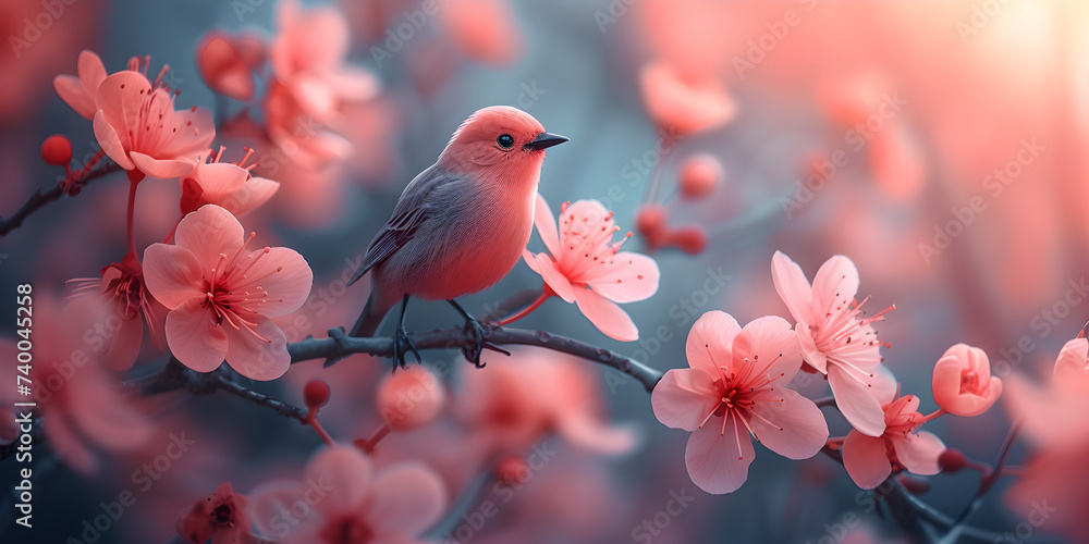 Bird on a blooming branch with pink flowers on a blue background. Design template for wallpaper, spa concept, fabulous. Copyspace