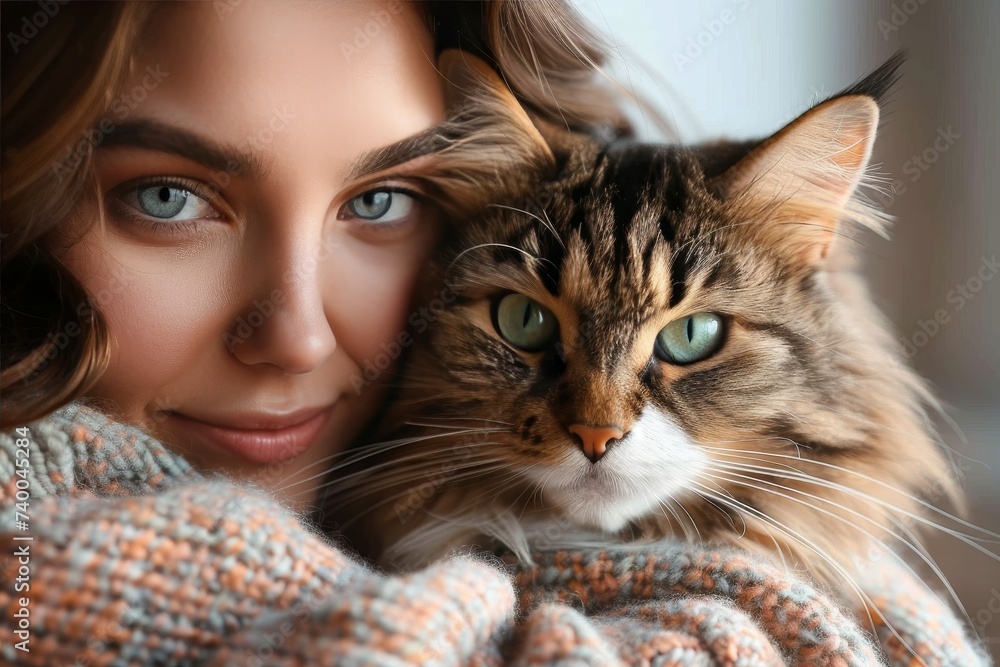 A woman's gentle touch soothes the domestic cat as they share a peaceful moment indoors, their whiskers and fur intertwined in a portrait of companionship A woman's gentle touch soothes the domestic cat as they share a peaceful moment indoors, their whiskers and fur intertwined in a portrait of companionship