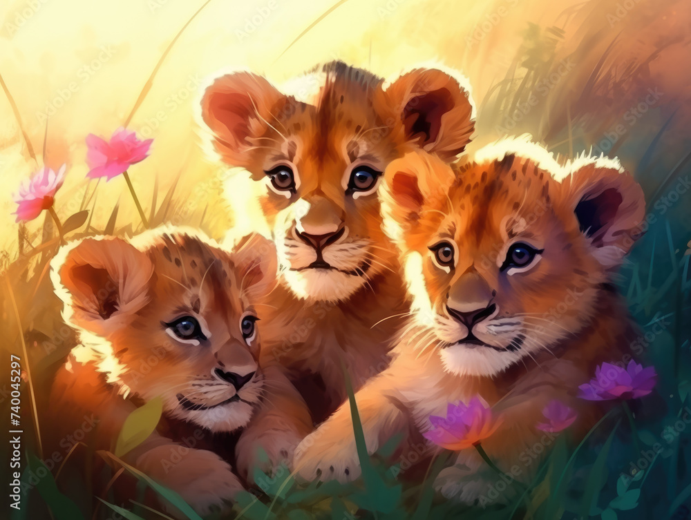 Three lion cubs. Digital art. Three lion cubs. Digital art.