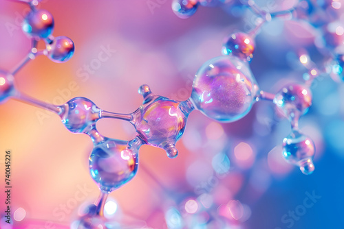 Molecules glowing background Holographic color soft purple backdrop Poster design Scientific biological, chemical and physical abstract