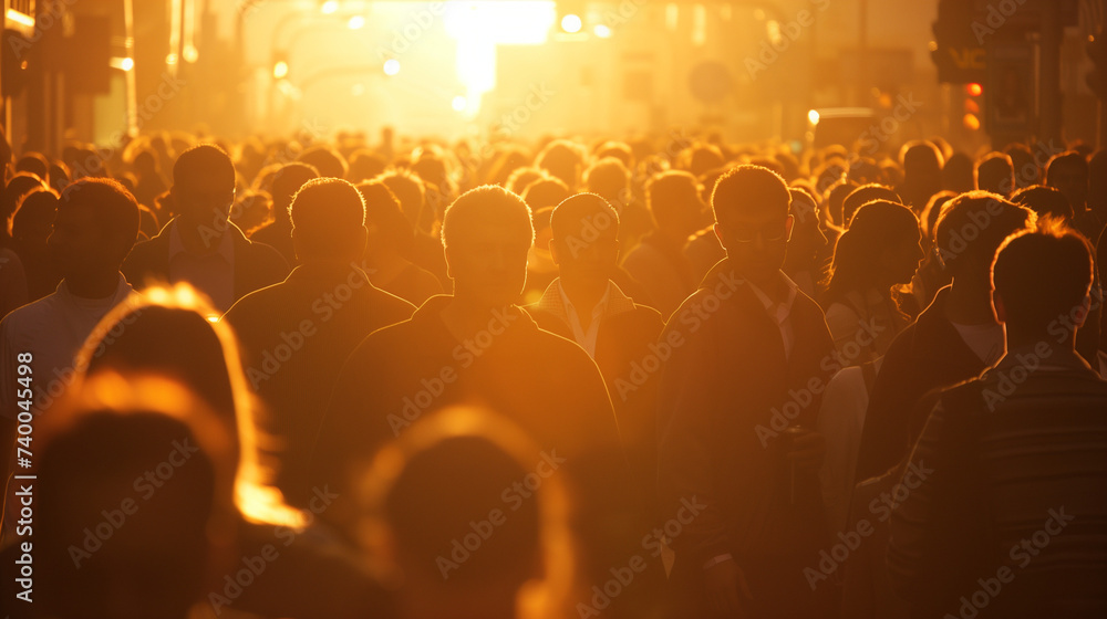 City's Golden Hour: Diverse Crowd of Commuters Bathed in the Warm Light of Sunset. City's Golden Hour: Diverse Crowd of Commuters Bathed in the Warm Light of Sunset.