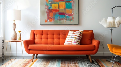 a guest room with a mid century modern sofa in vibrant orange, adding a pop of color to the neutral decor photo