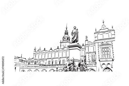 Landmark building view of Krakow in 2024. Hand drawn sketch illustration in vector.