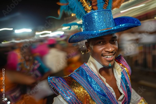 A cheerful man donning a vibrant blue and orange hat joins in the festive dance at the carnival, catching the eye of a woman admiring his stylish headgear