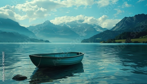 a small blue boat is floating in the middle of the water with mountains behind it