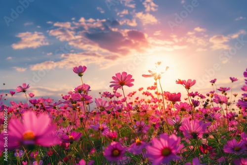 As the sun sets over the vast landscape, a field of pink cosmos flowers sways in the gentle breeze, painting the sky with hues of purple and creating a breathtaking outdoor scene