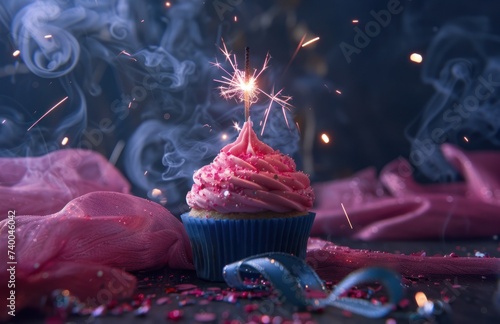 a pink cupcake with blue ribbon and a sparkler