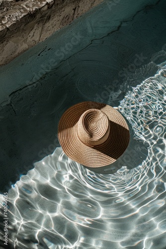 a straw hat is in the middle of the pool