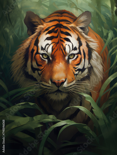 Tiger hiding in the grass. Digital art.
