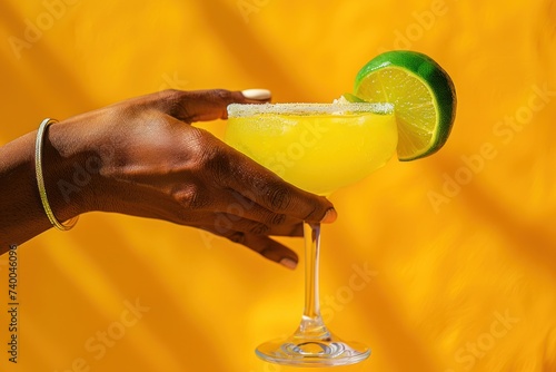 a person is presenting a margarita with a hand on a yellow background