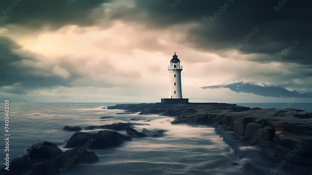 On a stormy night, a lighthouse guides the crashing waves under an ominous sky