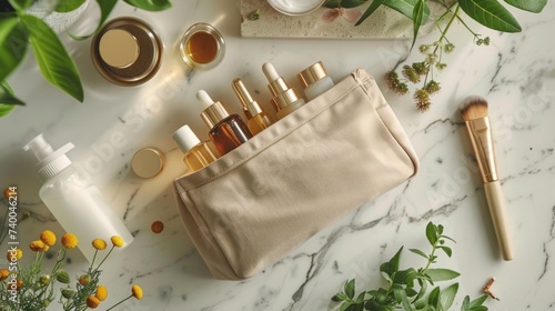 A makeup bag containing natural cosmetic products onthe desk