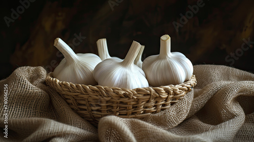 garlics in a basket are placed on top of a gunny sack and dark background