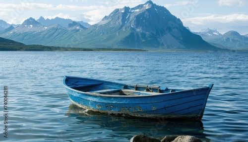 a small blue boat is floating in the middle of the water with mountains behind it