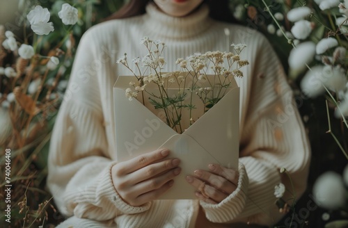 a person opening envelope with flowers and leaves inside