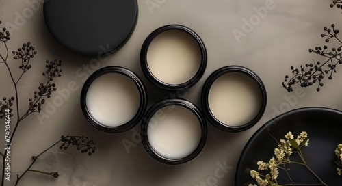 a trio of black containers and some cream on the table