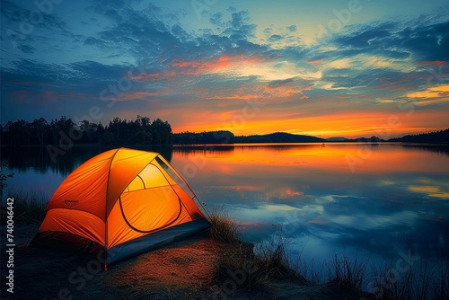 Immersed in nature, a lone tent sits on the peaceful shore of a tranquil lake, its reflection mirroring the vibrant sky as the sun rises or sets, beckoning for a serene camping experience