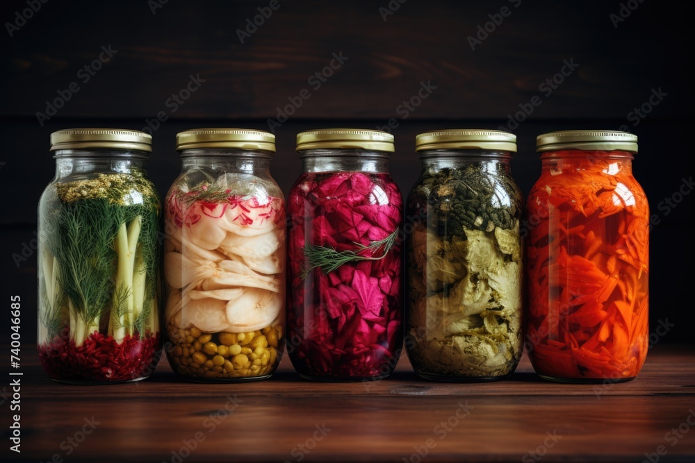 Autumnal farm-to-jar still life, arranged colorful vegetables in jars on a rustic wooden table Autumnal farm-to-jar still life, arranged colorful vegetables in jars on a rustic wooden table