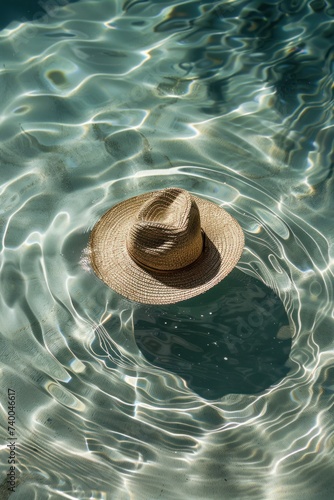 a straw hat is in the middle of the pool
