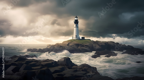 On a stormy night, a lighthouse guides the crashing waves under an ominous sky