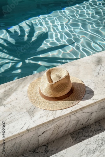 a straw hat is sitting on a marble counter next to a pool