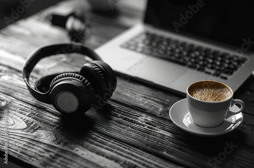 a notebook, headphones, headphones, a keyboard, a coffee cup and table
