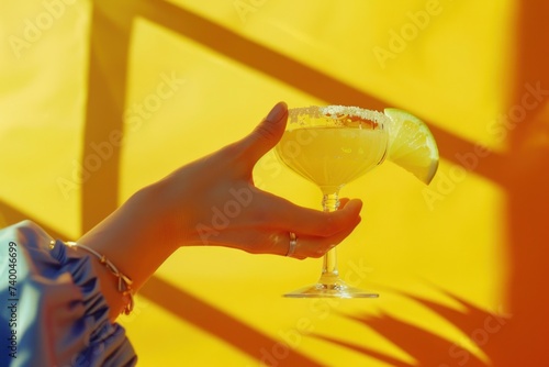 a person is presenting a margarita with a hand on a yellow background