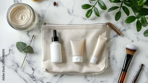 A makeup bag containing natural cosmetic products onthe desk