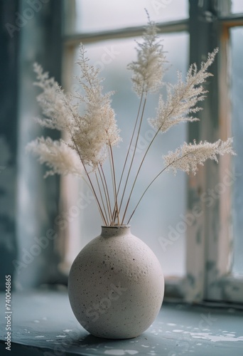 a vase that contains grass.