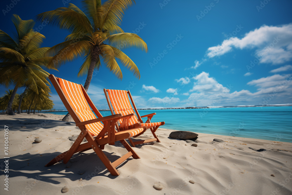 Deck chair and beach umbrellas on sand in summer time, Coconut tree.