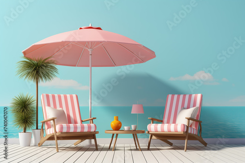 Deck chair and beach umbrellas on sand in summer time, Coconut tree.